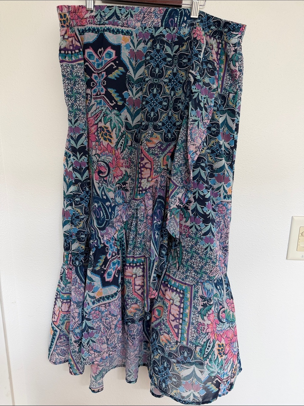 Soft Surroundings Navy Floral Patchwork Maxi Skirt with Pink and Teal